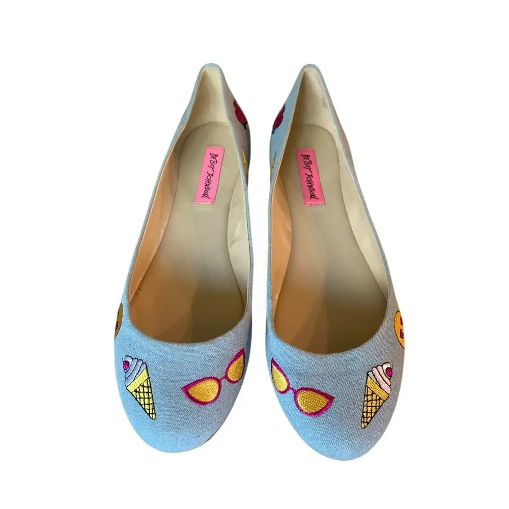 Betsey Johnson Leoniee Emoji Blue Denim‎ Ballet Flats Womens 9